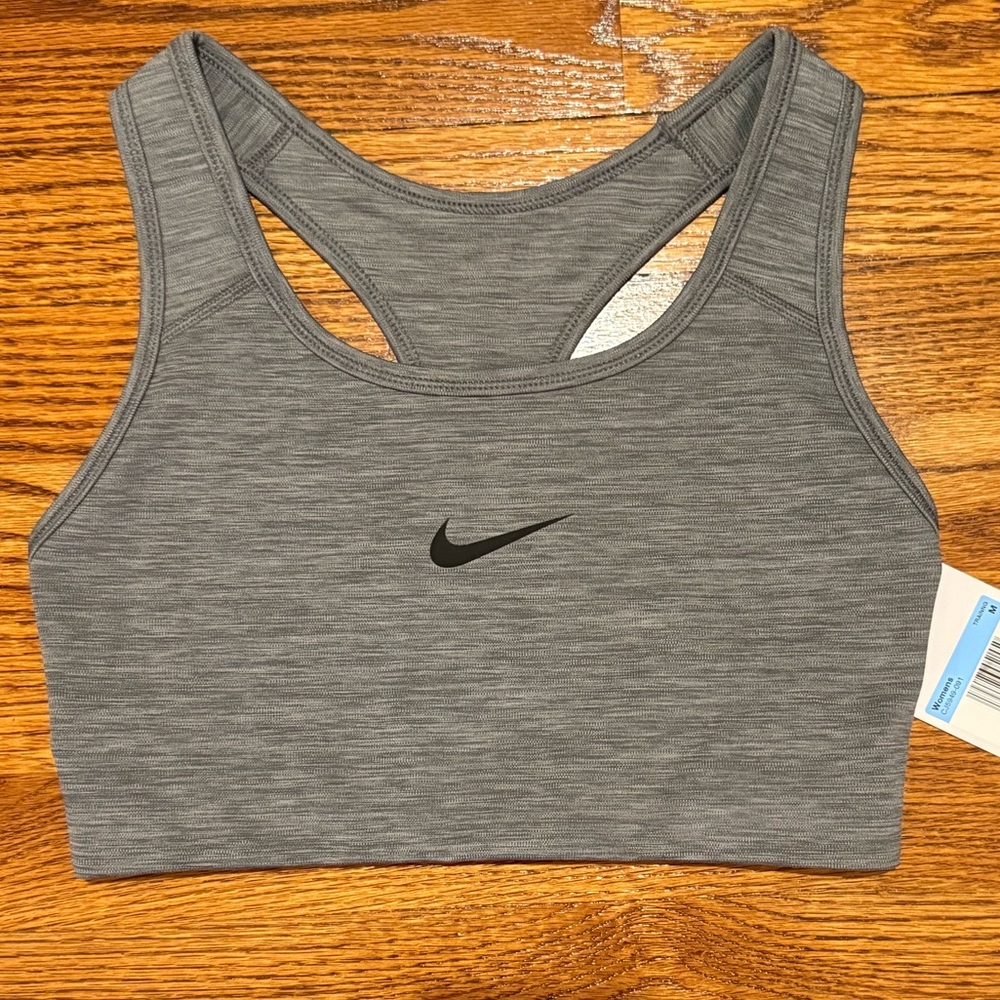 Nike Grey Heather Racerback Sports Bra with Black Swoosh—Medium